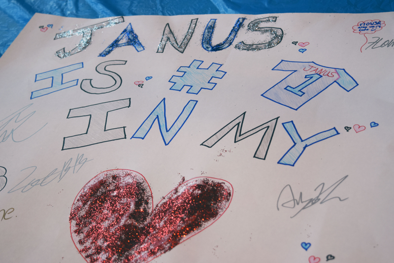 A fan’s sign for New York Excelsior player Janus.